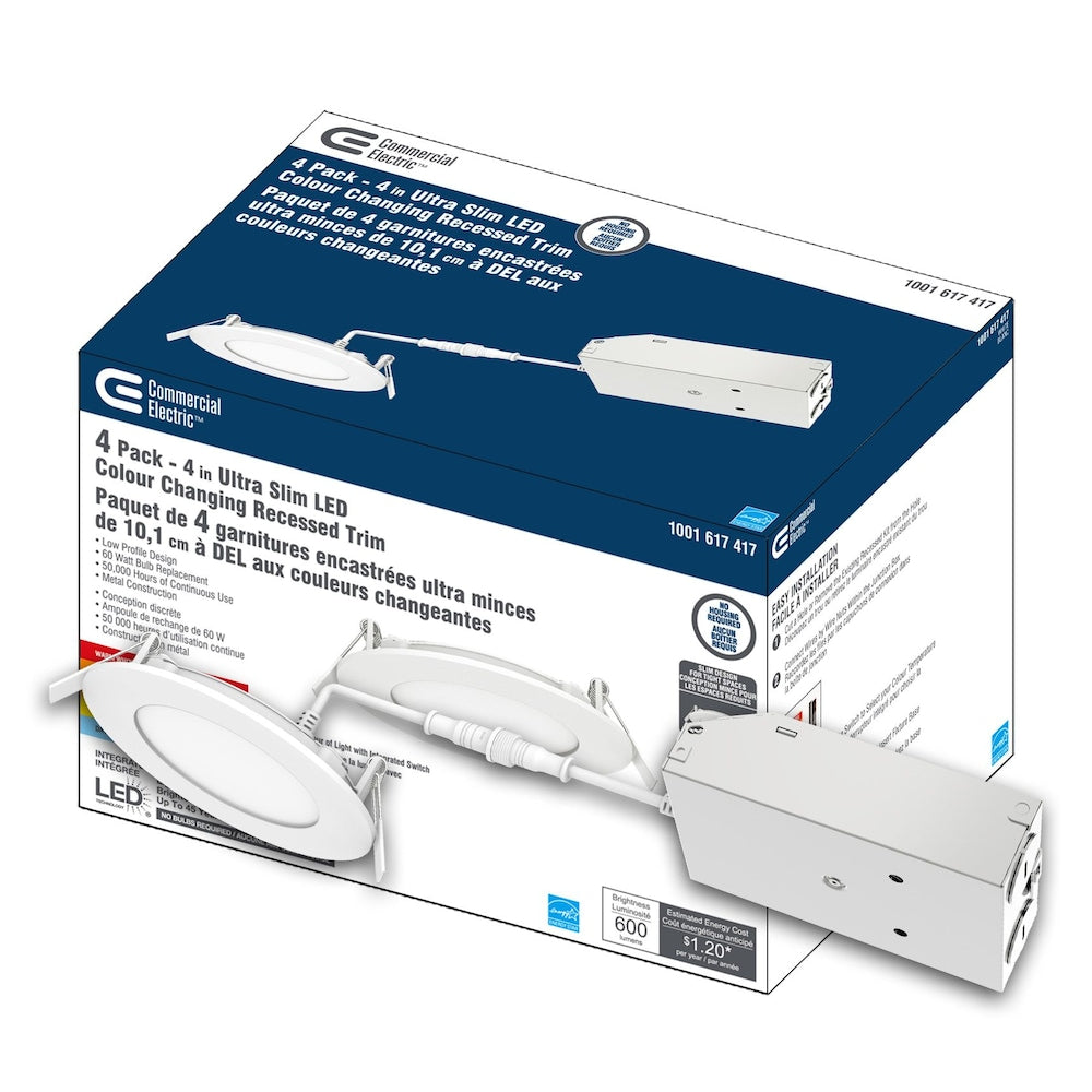 Kit de plafonnier encastré mince à DEL intégré de 4 pouces à intensité variable sélectionnable (2700K-5000K) (paquet de 4)