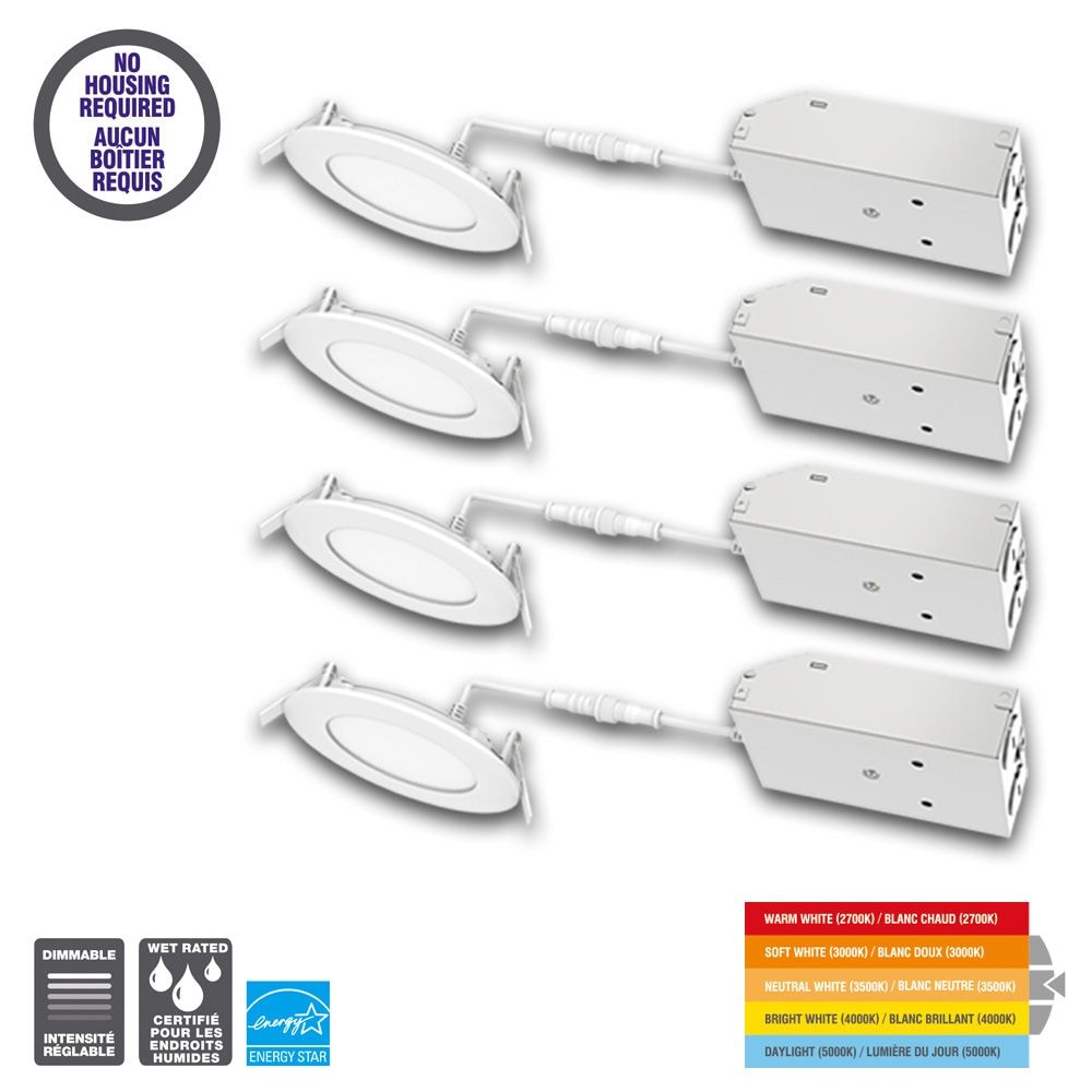 Kit de plafonnier encastré mince à DEL intégré de 4 pouces à intensité variable sélectionnable (2700K-5000K) (paquet de 4)