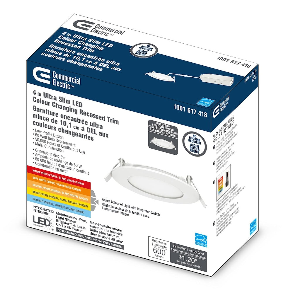 Kit d'éclairage encastré mince à DEL intégrées de 4 pouces, blanc sélectionnable, à intensité variable (2700K-5000K)