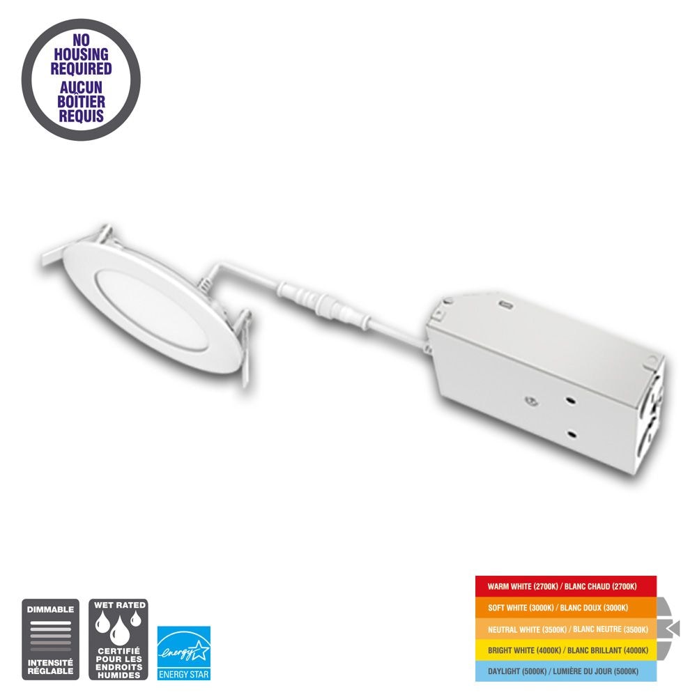 Kit d'éclairage encastré mince à DEL intégrées de 4 pouces, blanc sélectionnable, à intensité variable (2700K-5000K)