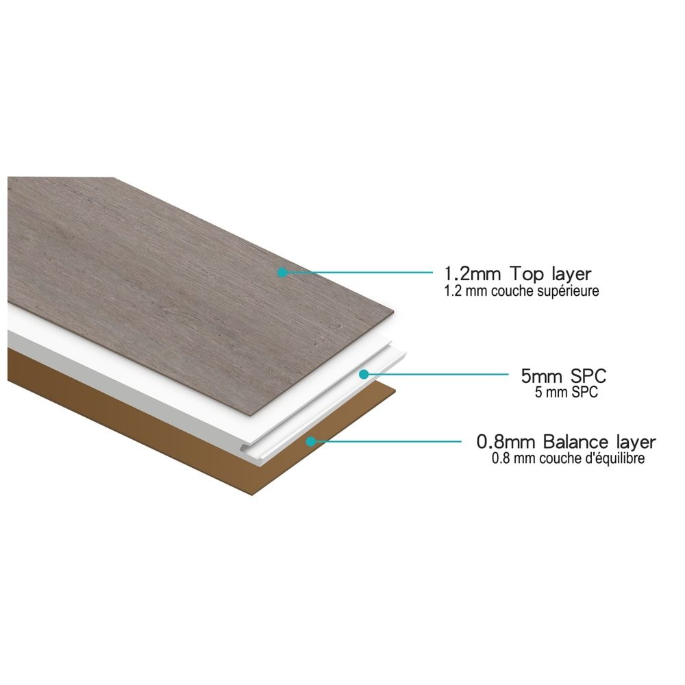 Plancher SPC en bambou d'ingénierie gratté à la main, 7 mm x 5 1/8 po x 36 1/4 po, gris (15,45 pi²/boîte)