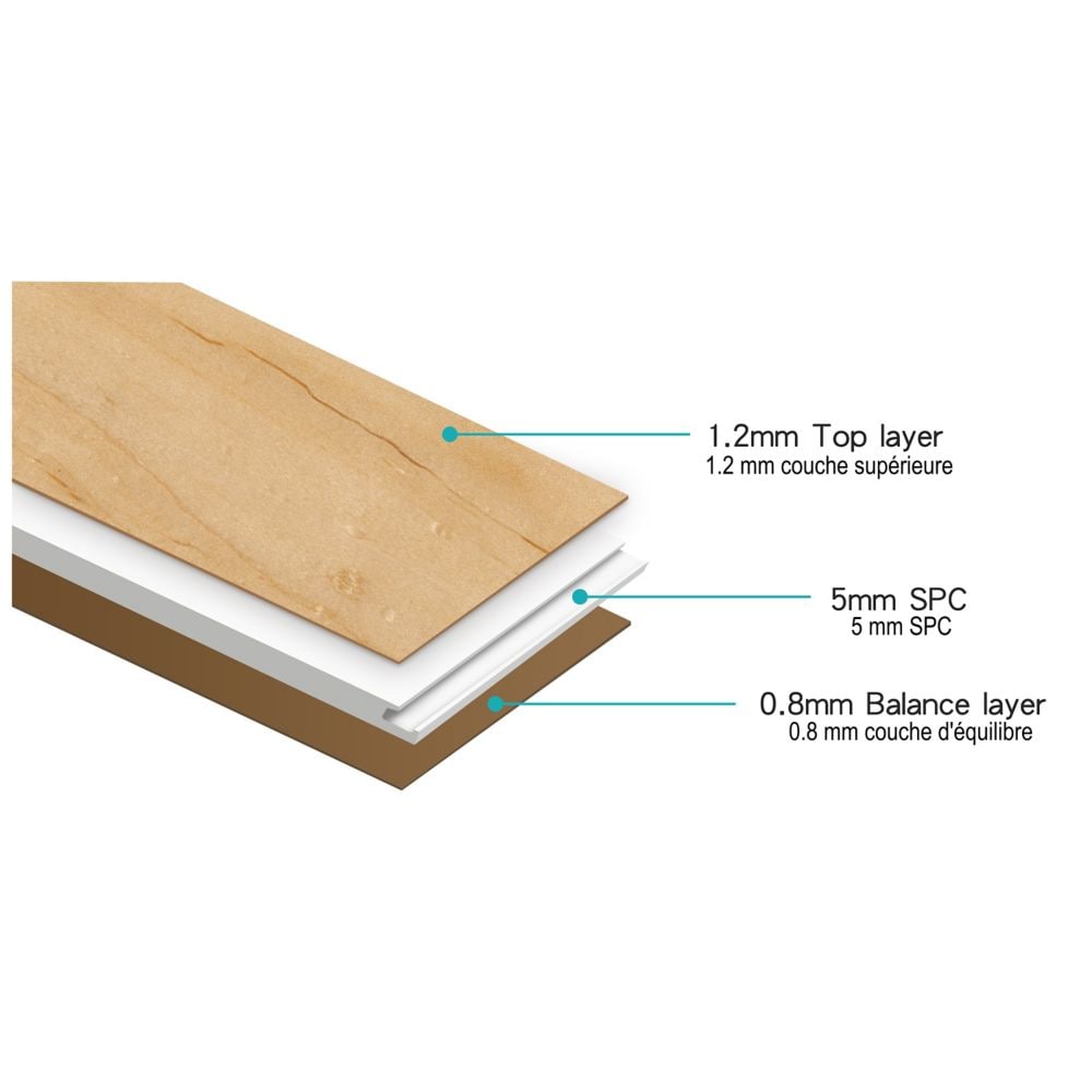 Plancher SPC en érable d'ingénierie, longueur variable, naturel lisse, 5 po x 47 1/4 po (16,40 pi2/boîte)