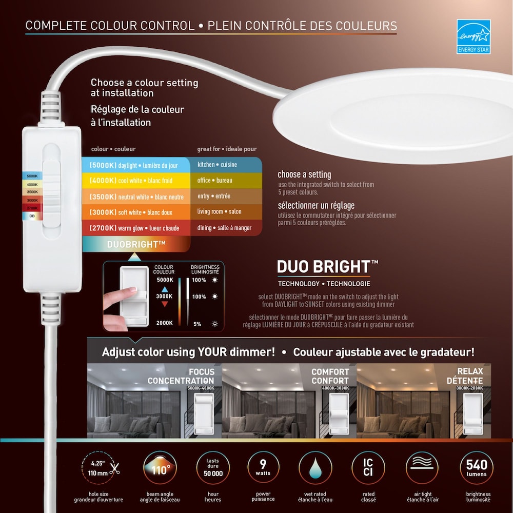 Kit d'éclairage encastré à DEL intégré DuoBright ultra-mince de 4 pouces à température de couleur sélectionnable (paquet de 4)