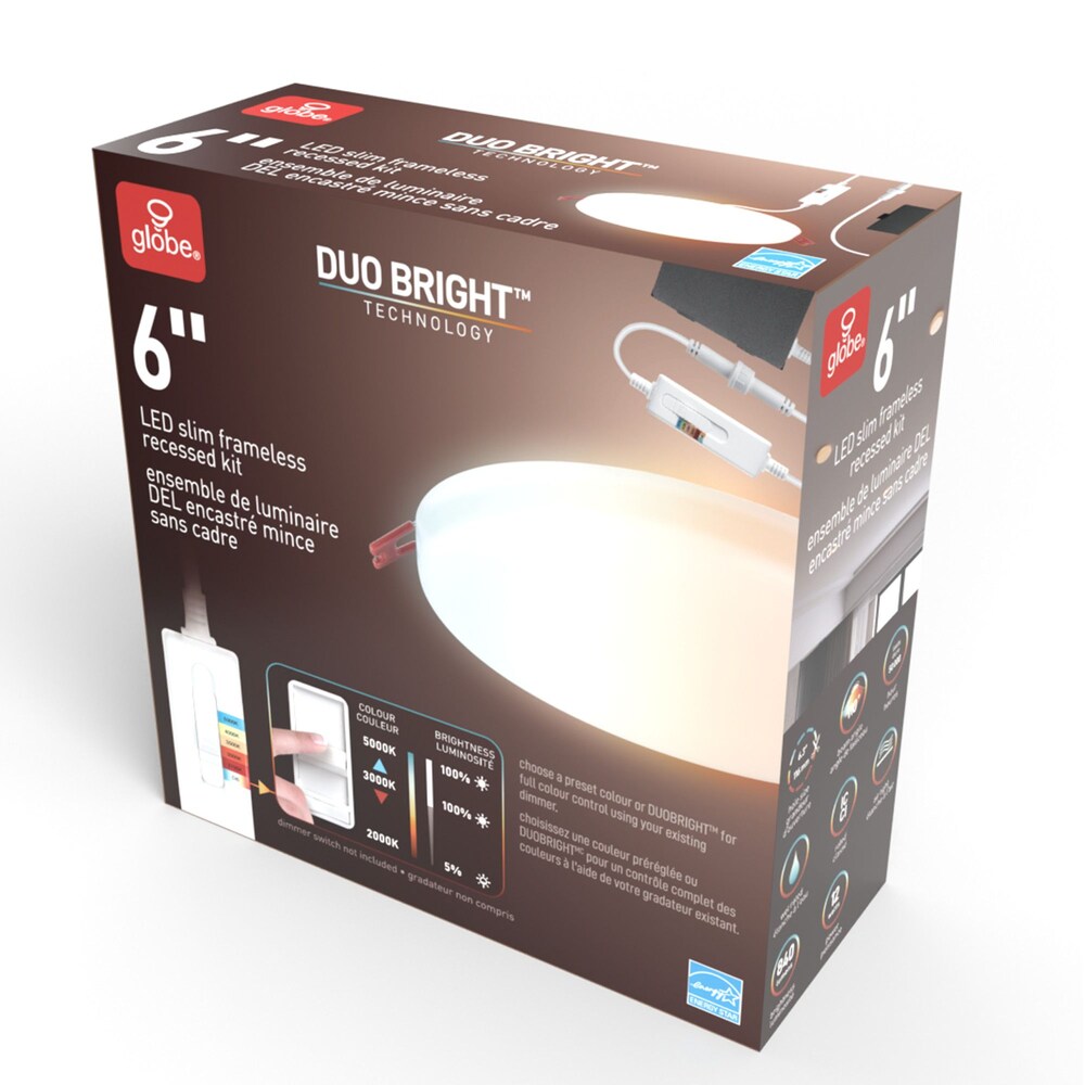 Éclairage encastré à LED intégré DuoBright sans cadre ultra-mince de 6 pouces avec température de couleur sélectionnable