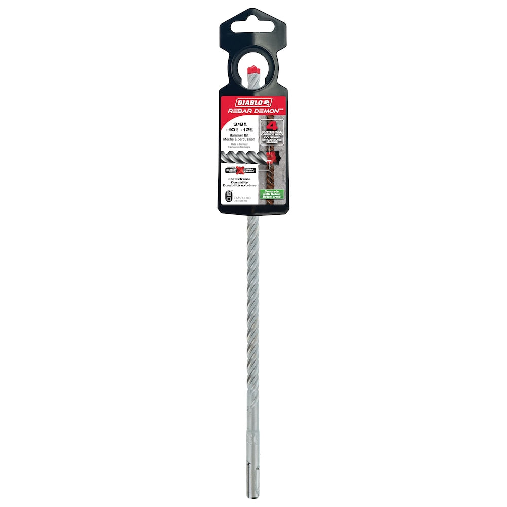 Rebar Demon 3/8 in. x 10 in. x 12 in. SDS-Plus 4-Cutter Full Carbide Head Hammer Drill Bit for Concrete/Rebar Drilling