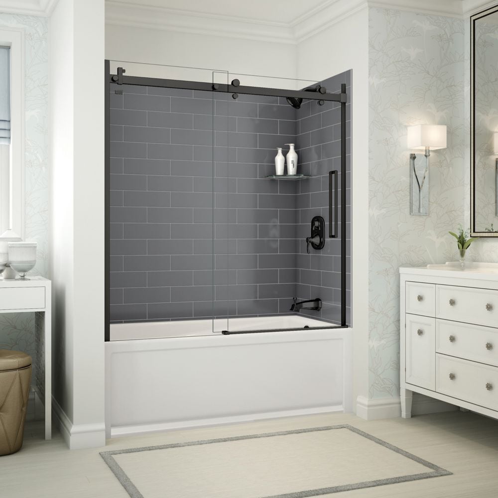Utile 60 in. L x 30 in. W x 81 in. H Tub Shower Kit with Right Drain Acrylic Bathtub, Sliding Matte Black Door, 1 Glass Shelf & Metro Thunder Grey Glossy Finish Tub Surround/Wall