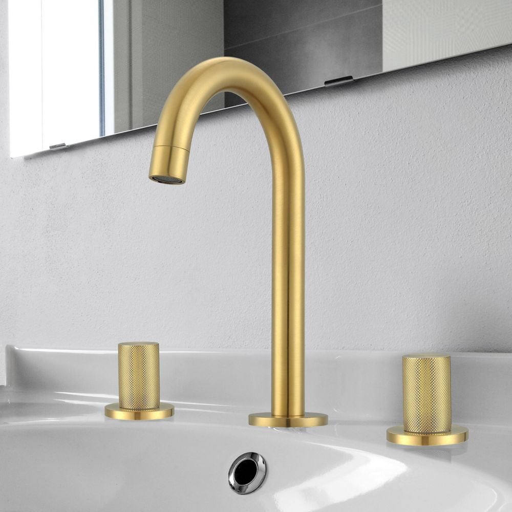 Robinet de salle de bain à bec haut et à 2 poignées de 8 pouces de Industria en or brossé