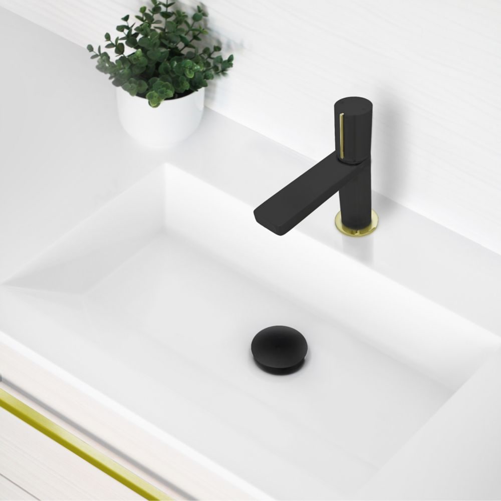 Single Handle Modern Bathroom Faucet Basin Sink Faucet in Matte Black with Gold Accents