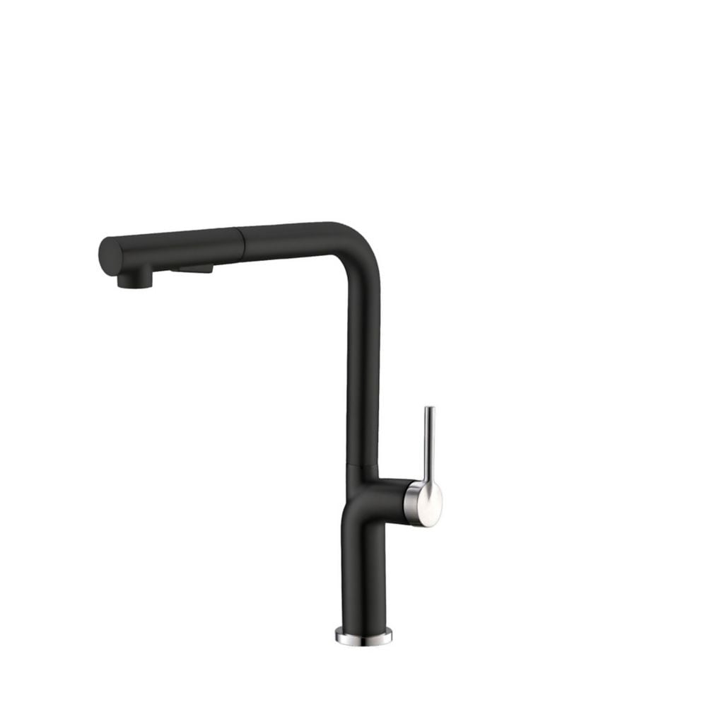 Kitchen Sink Faucet Single Handle Pull Down Stainless Steel Matte Black with Silver Base and Handle