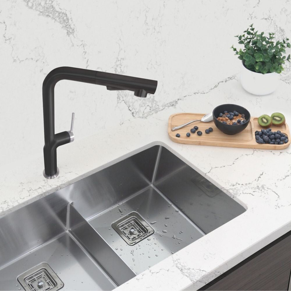 Kitchen Sink Faucet Single Handle Pull Down Stainless Steel Matte Black with Silver Base and Handle