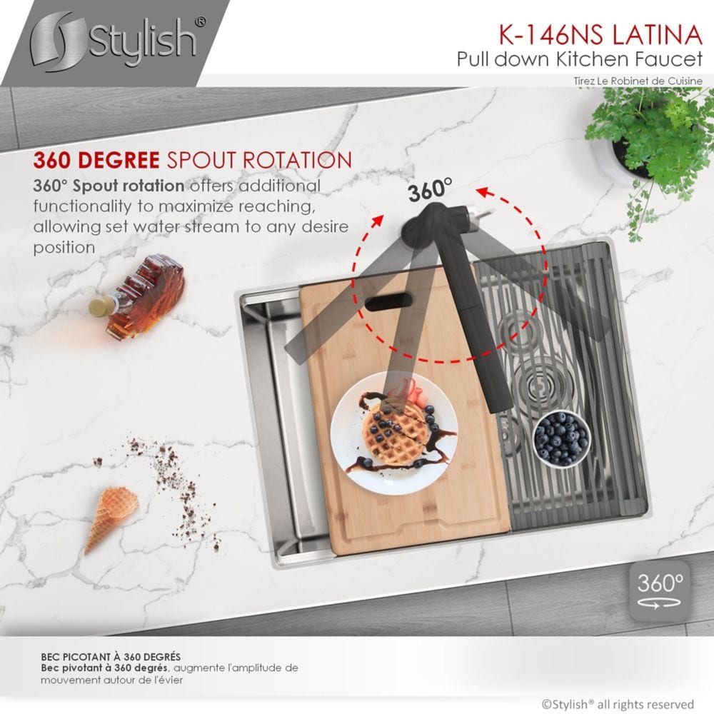 Kitchen Sink Faucet Single Handle Pull Down Stainless Steel Matte Black with Silver Base and Handle