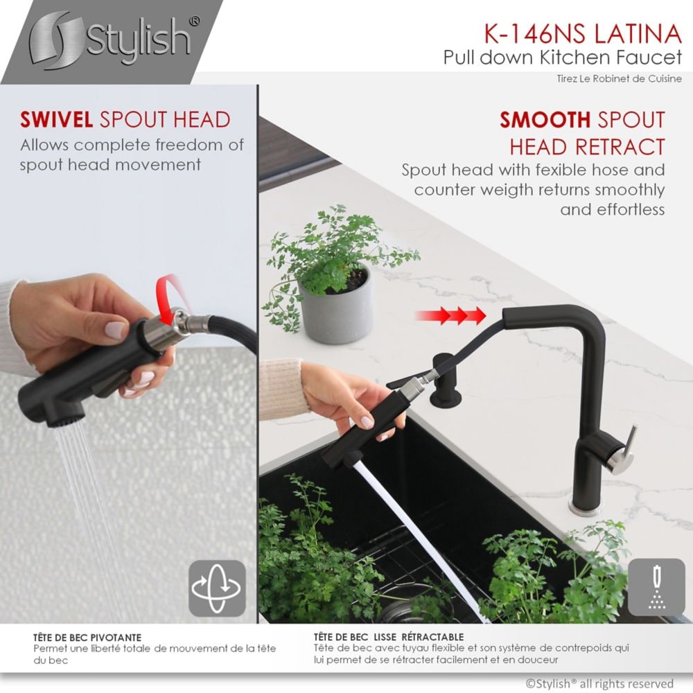 Kitchen Sink Faucet Single Handle Pull Down Stainless Steel Matte Black with Silver Base and Handle