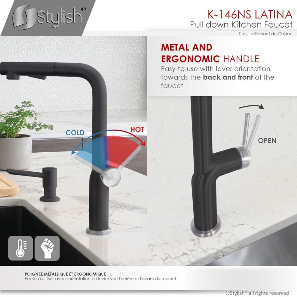Kitchen Sink Faucet Single Handle Pull Down Stainless Steel Matte Black with Silver Base and Handle