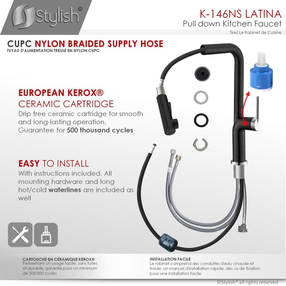 Kitchen Sink Faucet Single Handle Pull Down Stainless Steel Matte Black with Silver Base and Handle