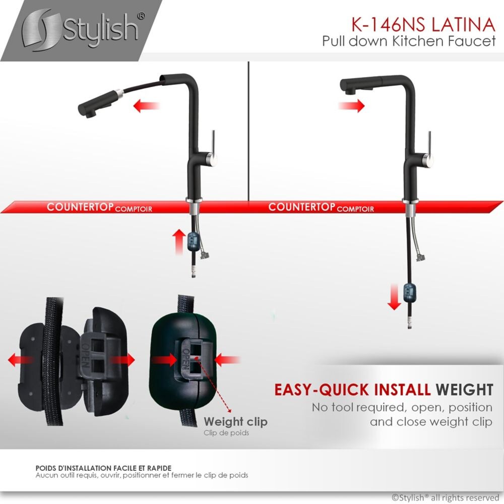 Kitchen Sink Faucet Single Handle Pull Down Stainless Steel Matte Black with Silver Base and Handle