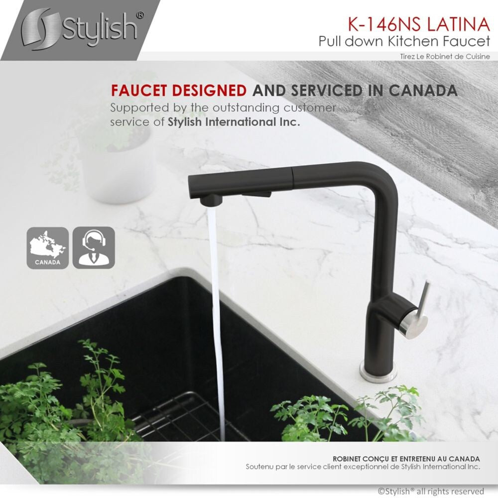 Kitchen Sink Faucet Single Handle Pull Down Stainless Steel Matte Black with Silver Base and Handle