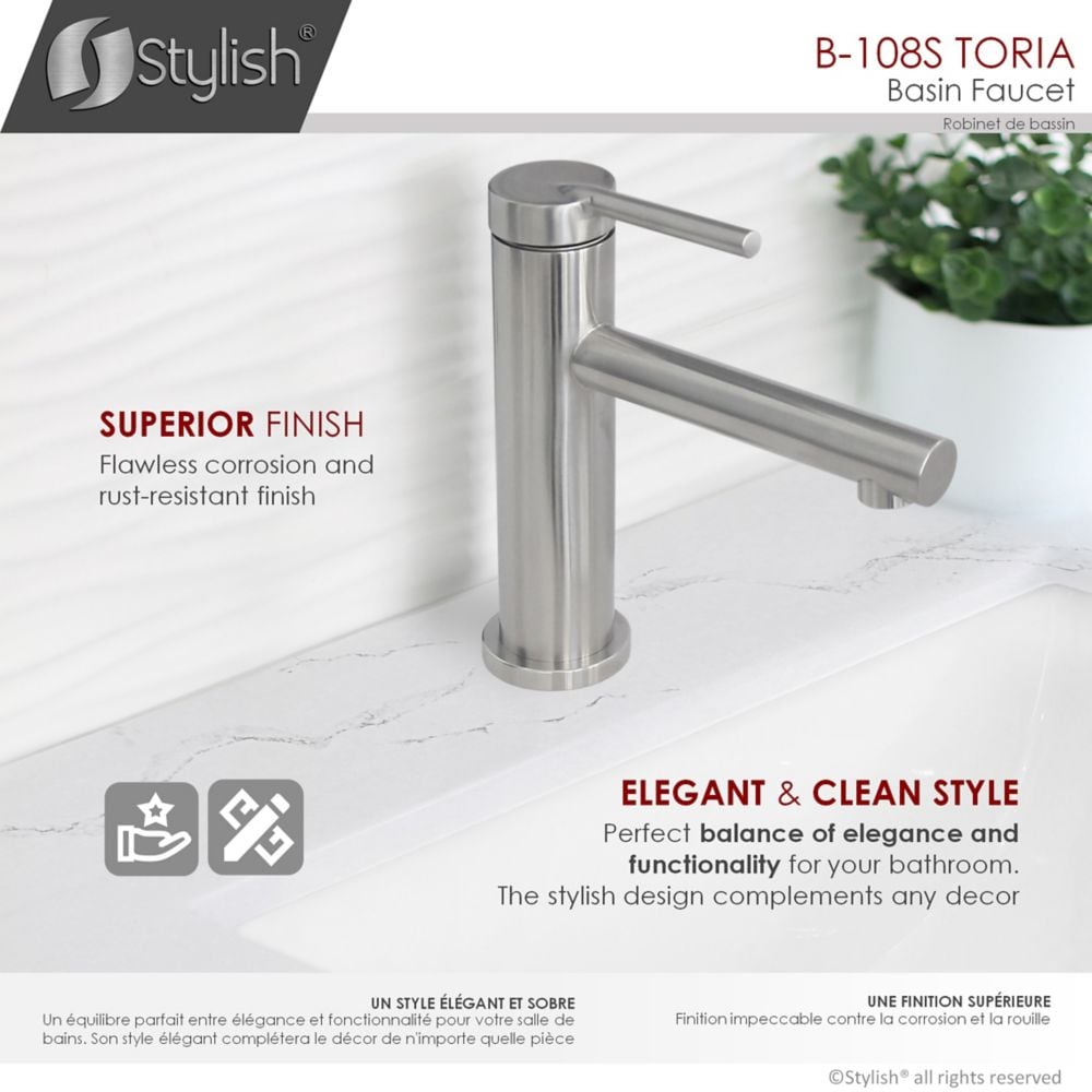 Single Handle Modern Bathroom Basin Sink Faucet, Brushed Stainless Steel Finish