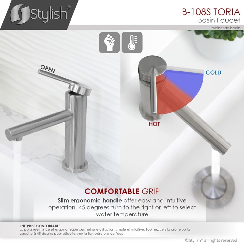 Single Handle Modern Bathroom Basin Sink Faucet, Brushed Stainless Steel Finish
