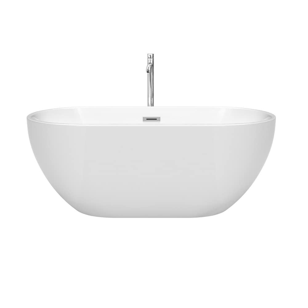 Baignoire autoportante Brooklyn de 60 pouces en blanc avec robinet au sol et garniture en chrome poli