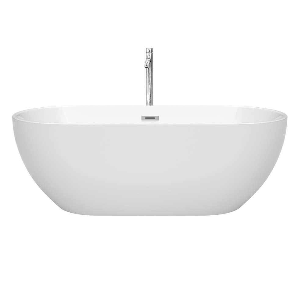 Baignoire autoportante Brooklyn de 67 pouces en blanc avec robinet au sol et garniture en chrome poli