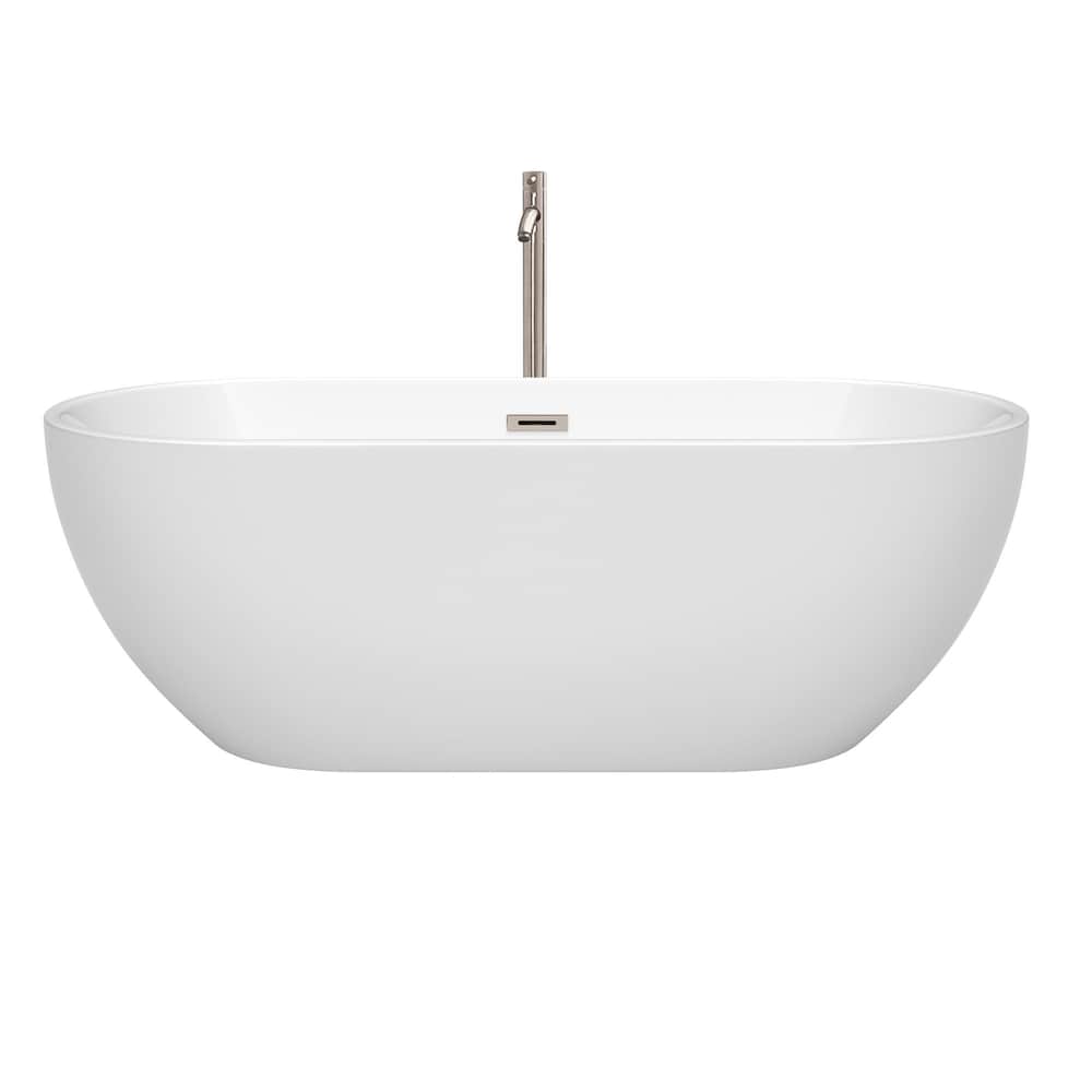 Brooklyn 67 inch Freestanding Bathtub in White w/ Floor Mounted Faucet and Trim in Brushed Nickel