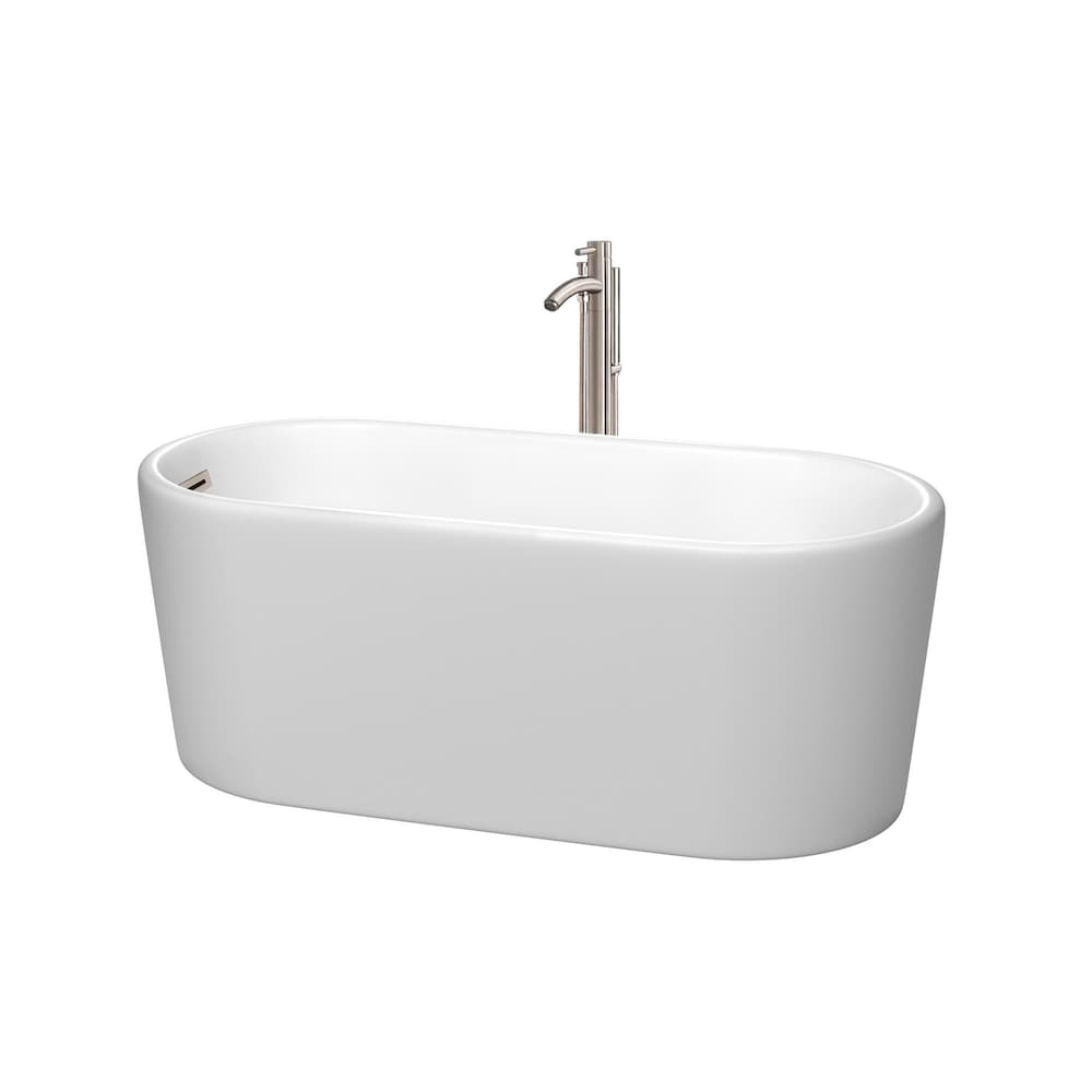 Baignoire autoportante Ursula de 59 pouces en blanc mat avec robinet au sol et garniture en nickel brossé