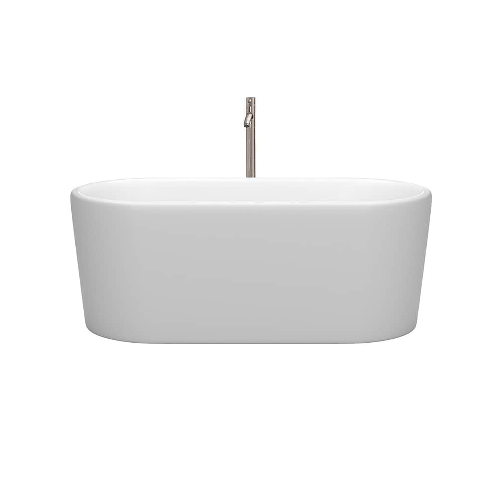 Baignoire autoportante Ursula de 59 pouces en blanc mat avec robinet au sol et garniture en nickel brossé
