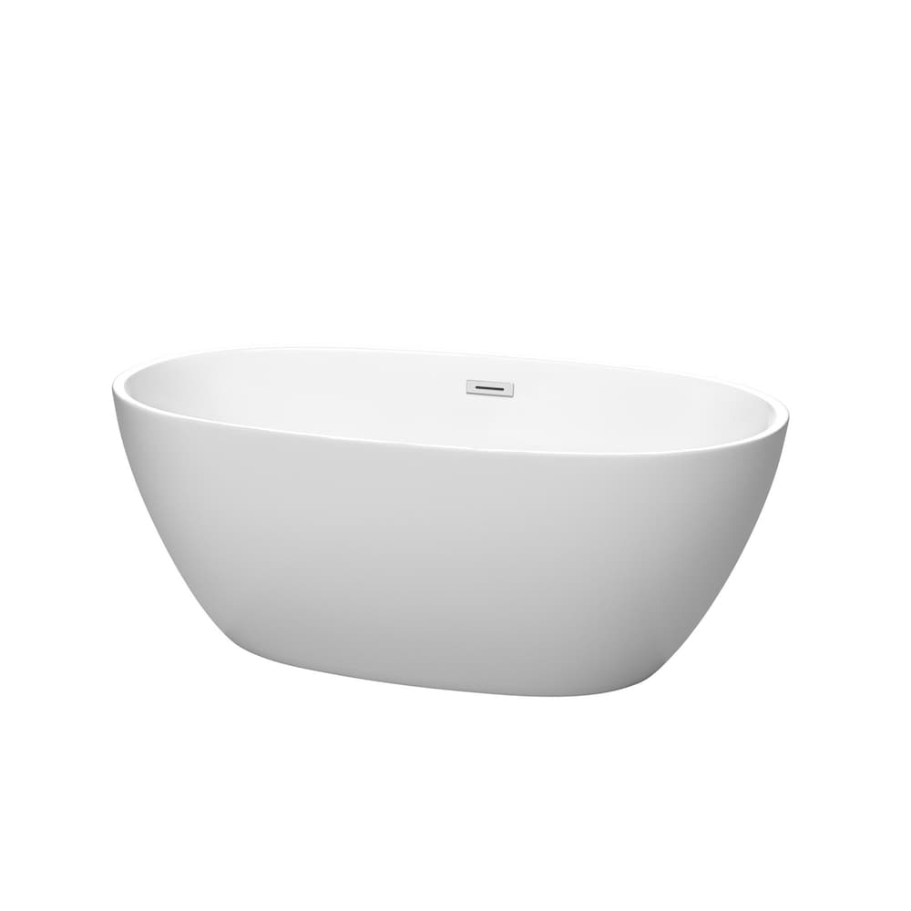 Baignoire autoportante Juno de 59 pouces en blanc mat avec drain et garniture de trop-plein en chrome poli