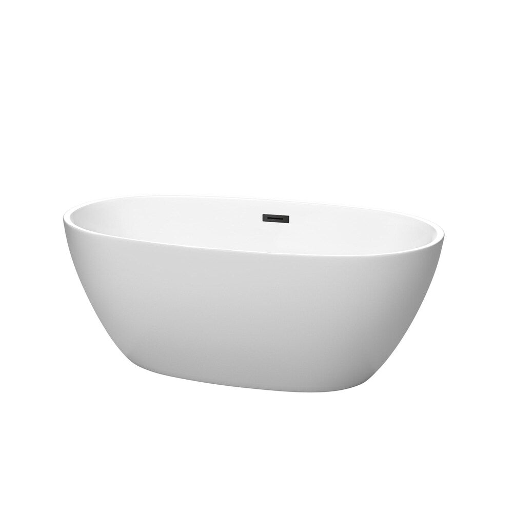 Baignoire autoportante Juno de 59 pouces en blanc mat avec drain noir mat et garniture de trop-plein