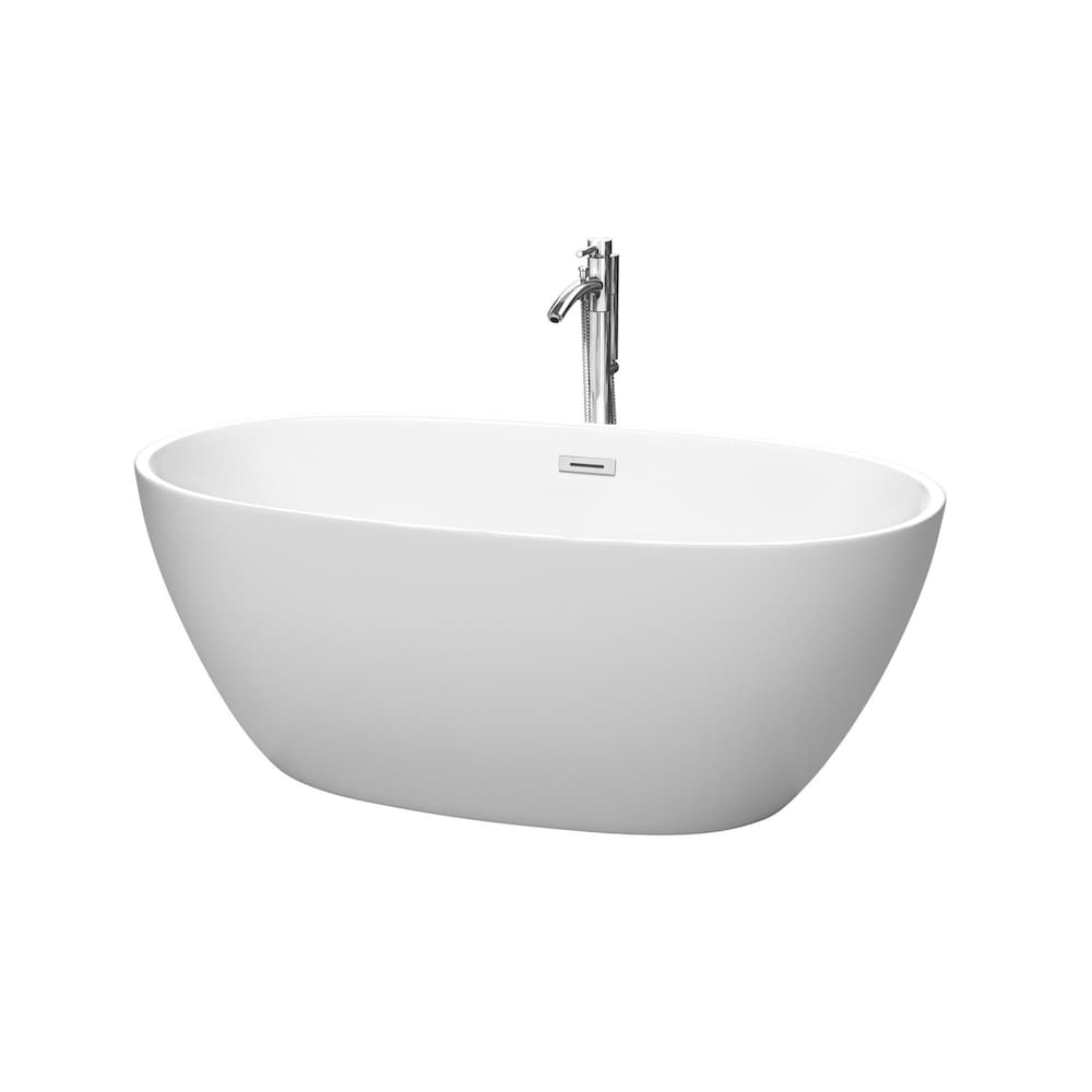 Baignoire autoportante Juno de 59 pouces en blanc mat avec robinet au sol et garniture en chrome poli