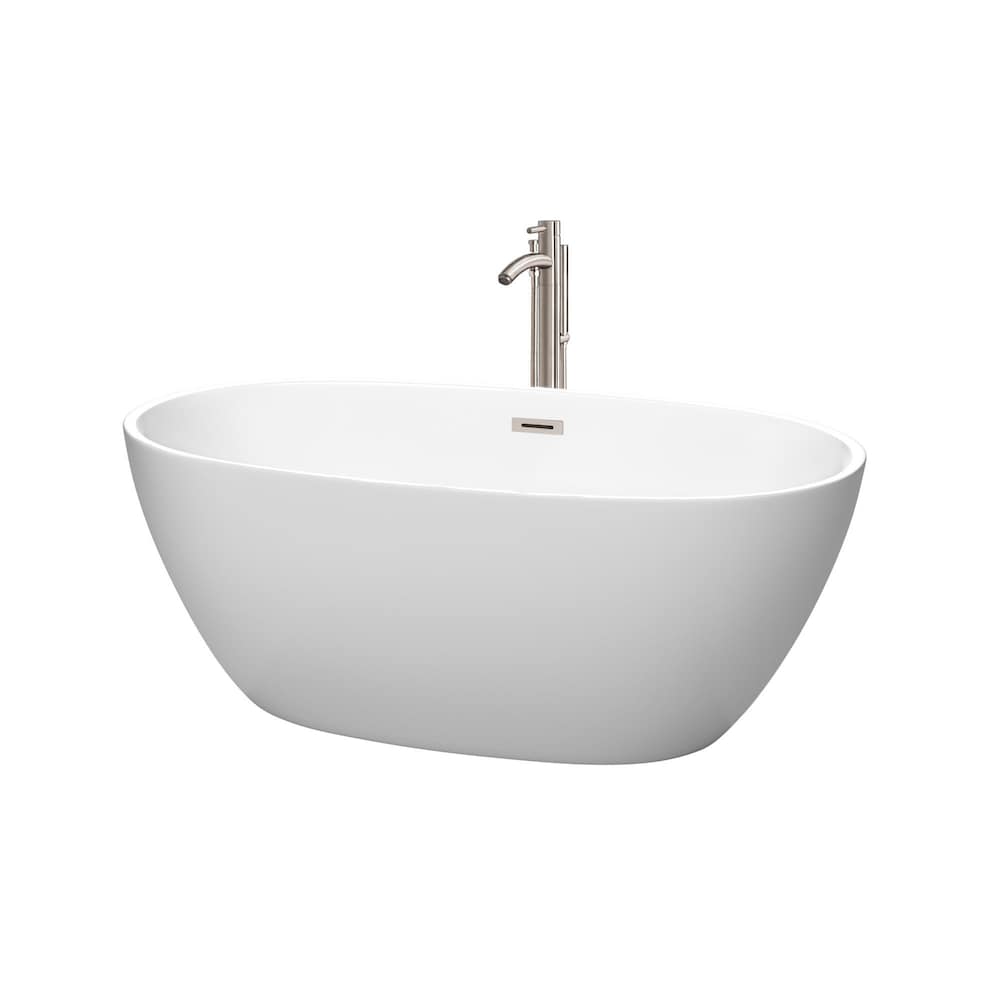Baignoire autoportante Juno de 59 pouces en blanc mat avec robinet au sol et garniture en nickel brossé