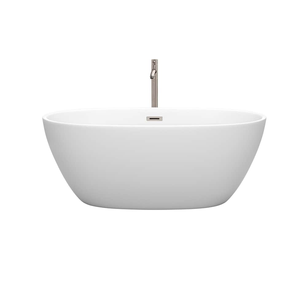 Baignoire autoportante Juno de 59 pouces en blanc mat avec robinet au sol et garniture en nickel brossé