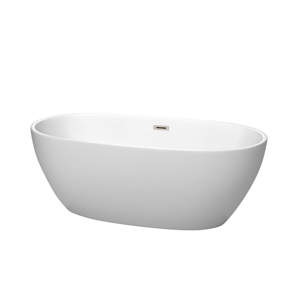 Baignoire autoportante Juno de 63 pouces en blanc mat avec drain en nickel brossé et garniture de trop-plein