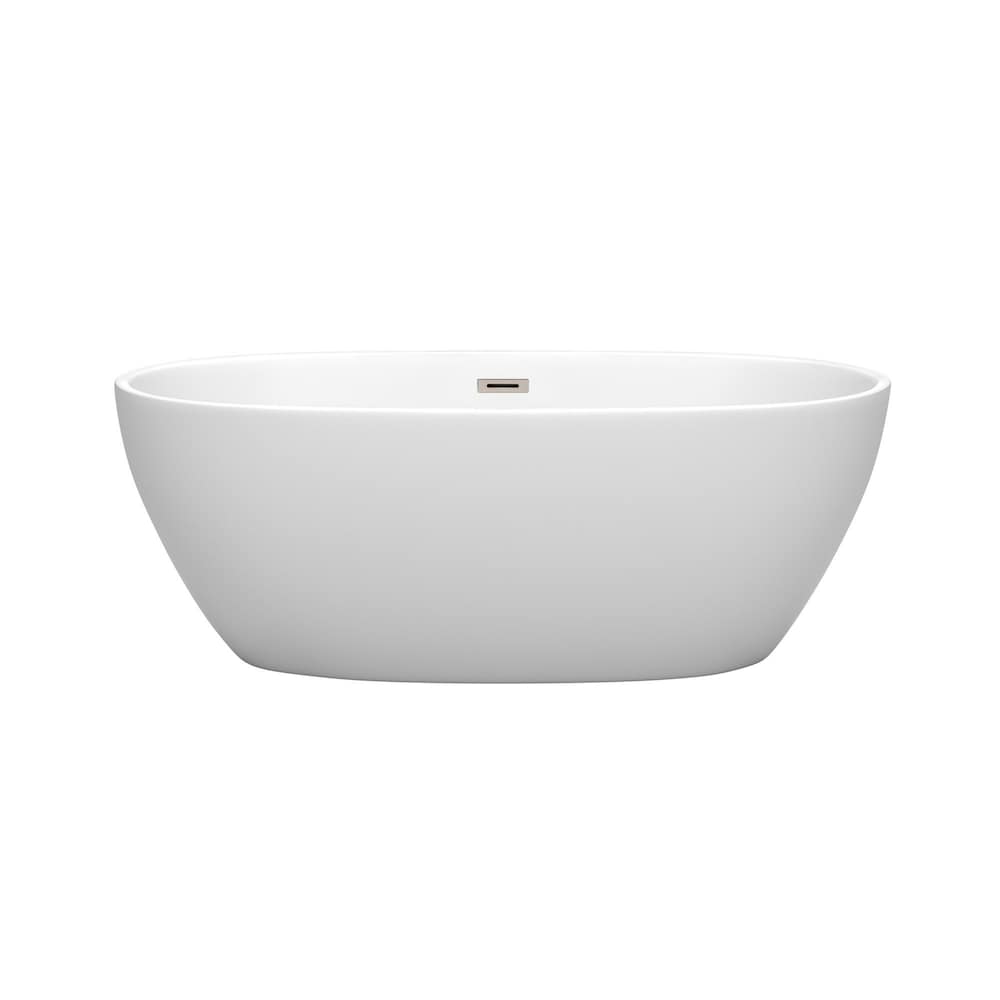Baignoire autoportante Juno de 63 pouces en blanc mat avec drain en nickel brossé et garniture de trop-plein