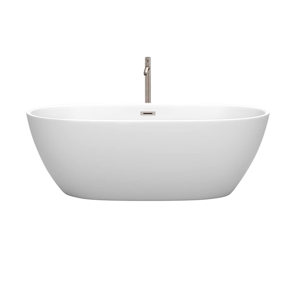 Juno 67 inch Freestanding Matte White Bathtub w/ Floor Mounted Faucet and Trim in Brushed Nickel