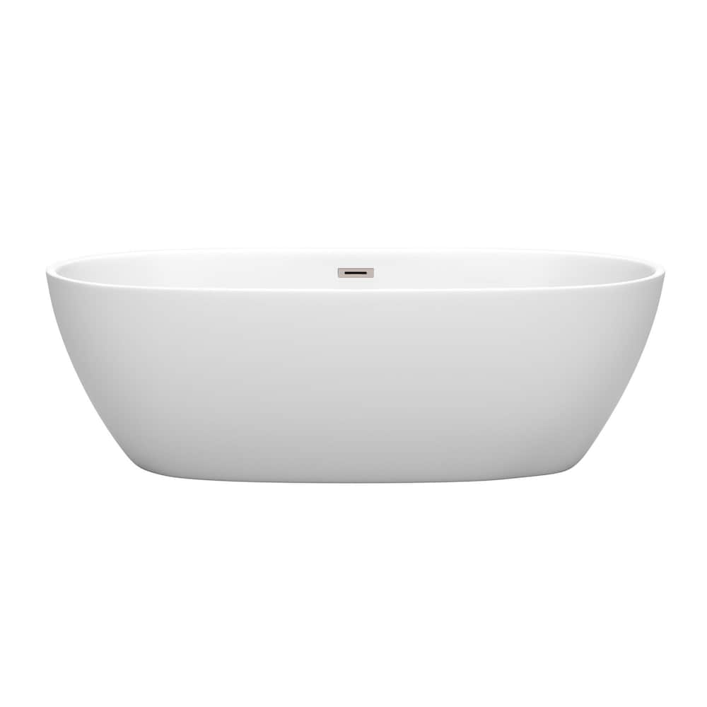 Juno 71 inch Freestanding Matte White Bathtub with Brushed Nickel Drain and Overflow Trim