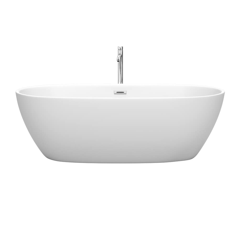 Juno 71 inch Freestanding Matte White Bathtub w/ Floor Mounted Faucet and Trim in Polished Chrome