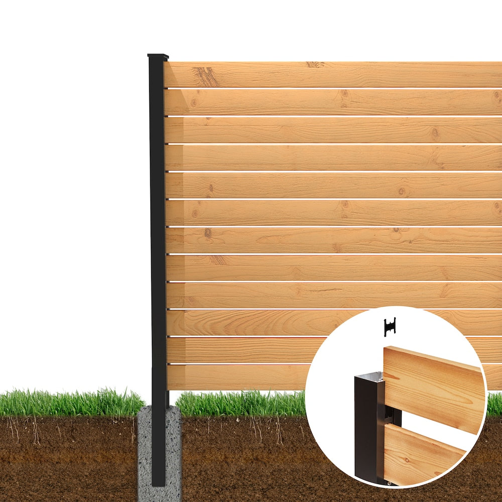 Ensemble de poteaux d'extrémité de clôture enterrés en aluminium noir de 96 pouces avec quincaillerie (ensemble A8)