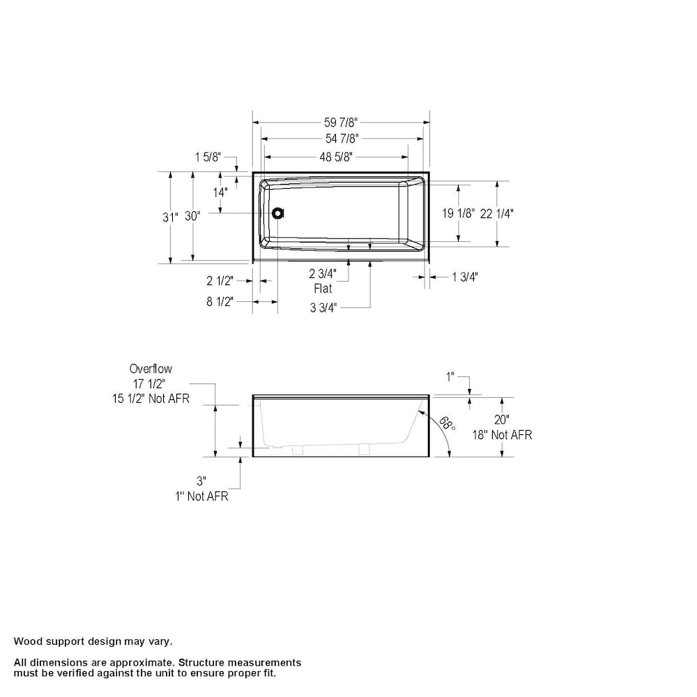 Nomad 60L x 30W x 18H AcrylX Rectangular Alcove Bathtub in White, Left Drain, with 12 5/8 inch Soaking Depth