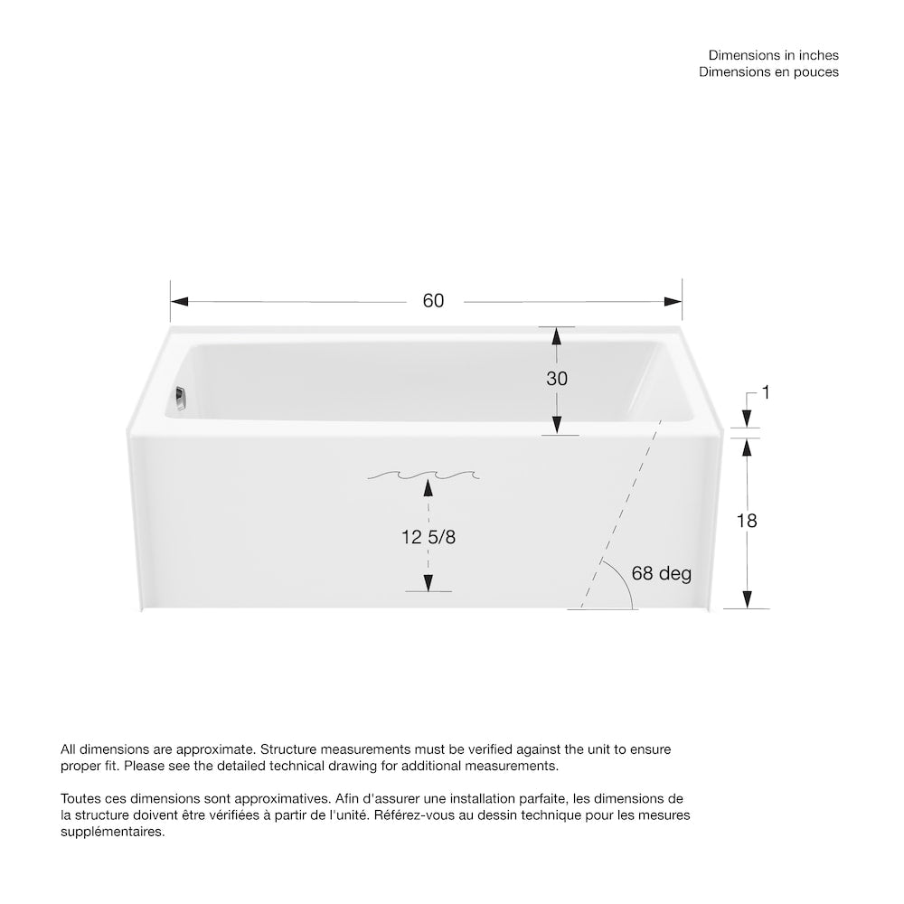 Nomad 60L x 30W x 18H AcrylX Rectangular Alcove Bathtub in White, Left Drain, with 12 5/8 inch Soaking Depth