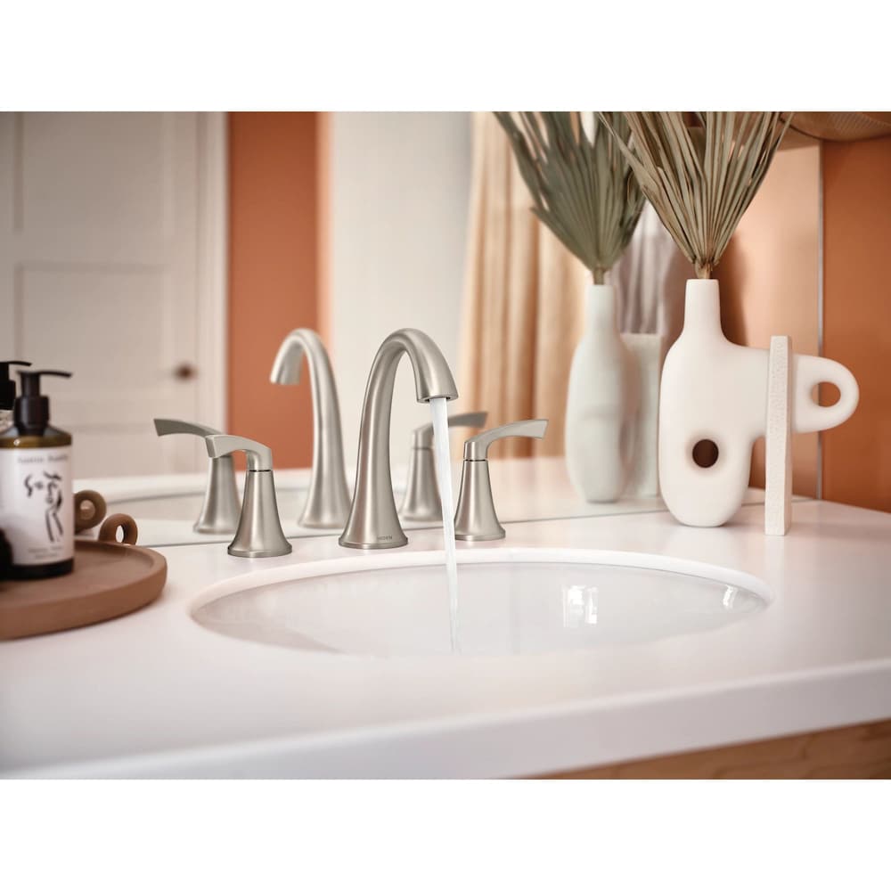 Robinet de lavabo de salle de bain à 2 poignées Korek de 8 à 16 pouces en nickel brossé résistant aux taches (drain et valve inclus)
