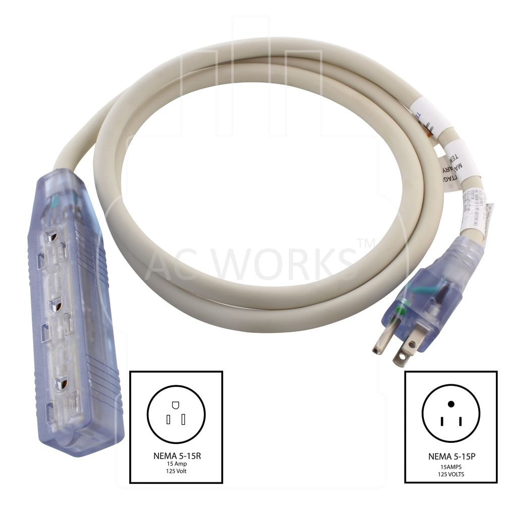 Cordon multiprise de qualité médicale, 5 pieds, 15 ampères, 12/3, avec indicateur d'alimentation