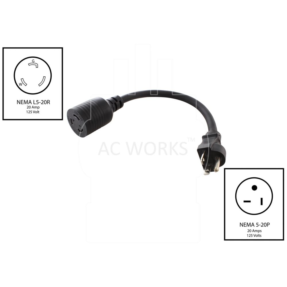 1 ft. 12/3 SJTW 20 Amp NEMA 5-20P Plug to 20 Amp L5-20R Locking Adapter Cord