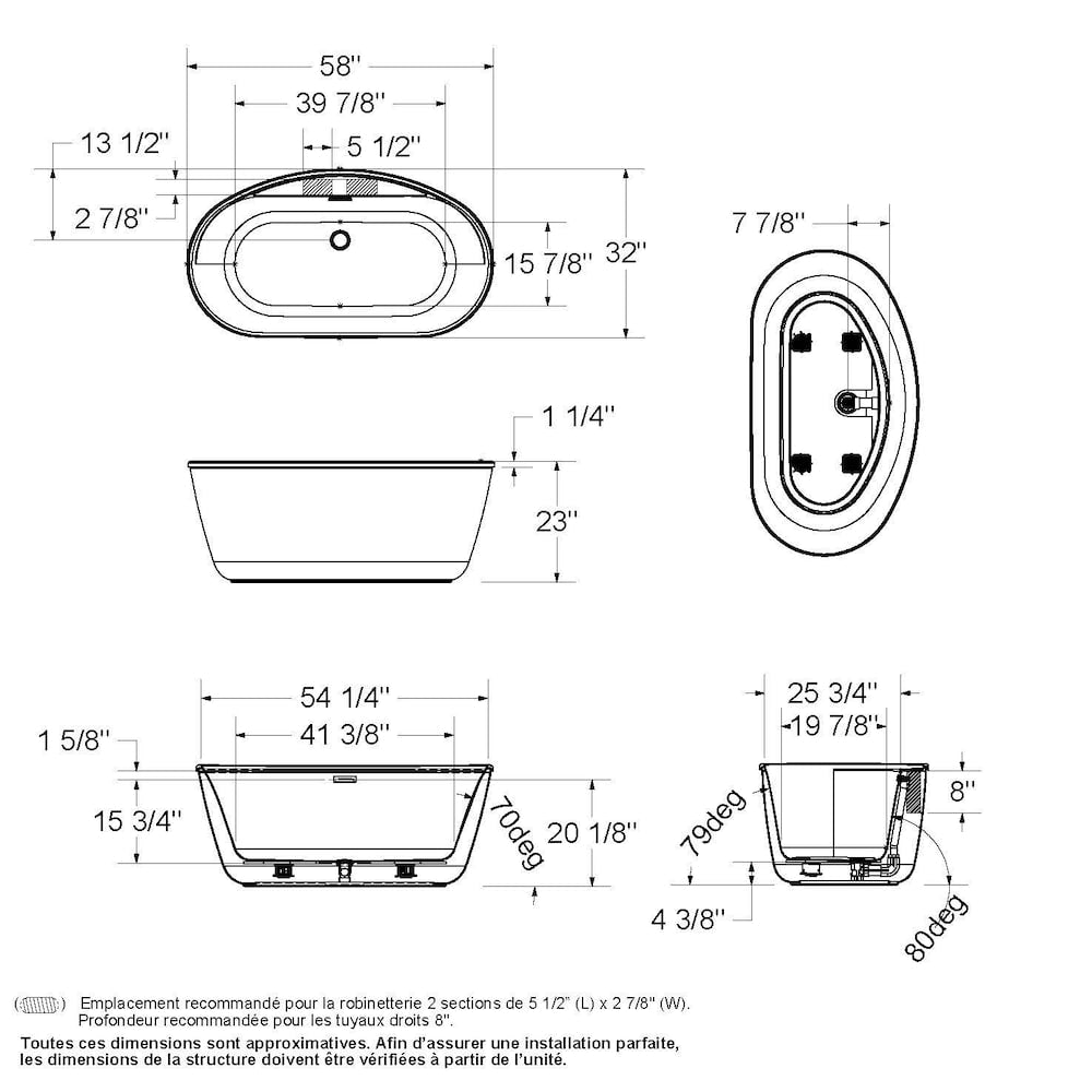 Emica 58 in. L x 32 in. W x 23 in. H 2-Piece Oval AcrylX Applied Acrylic Freestanding Bathtub, Center Drain, in White with 15.75-inch Soaking Depth
