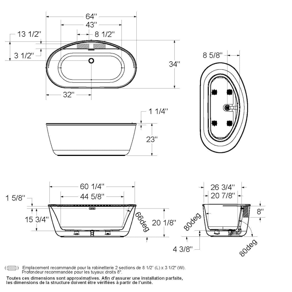Emica 64 in. L x 34 in. W x 23 in. H 2-Piece Oval AcrlyX Freestanding Bathtub, Center Drain, in White with 15.75-inch Soaking Depth