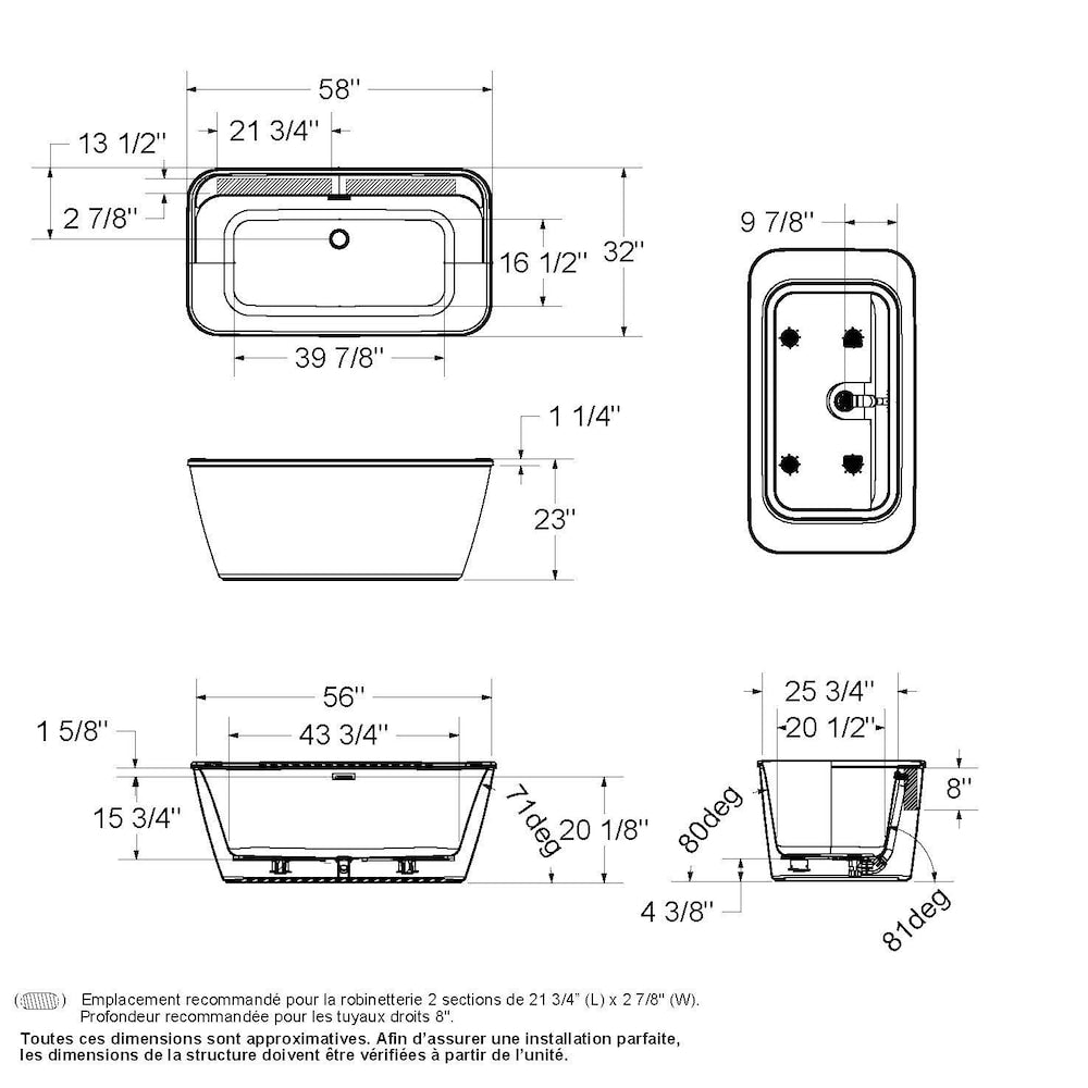Kai 58 in. L x 32 in. W x 23 in. H 2-Piece Rectangular AcrlyX Freestanding Bathtub, Center Drain, in White with 15.75-inch Soaking Depth