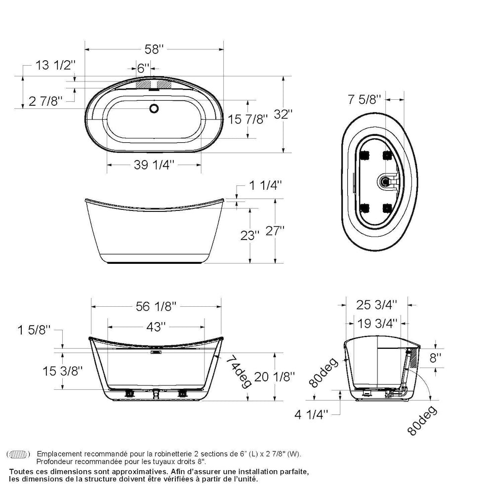 Suna 58 in. L x 32 in. W x 27 in. H 2-Piece Oval AcrylX Freestanding Bathtub, Center Drain, in White with 15.5-inch Soaking Depth