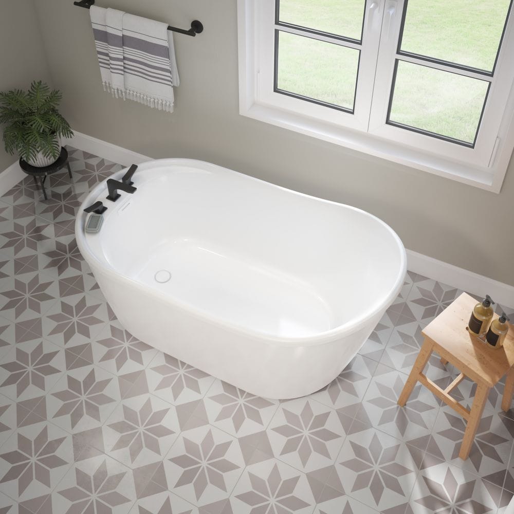 Davis 58 in. L x 32 in. W x 28 in. H 2-Piece Oval AcrylX Applied Acrylic Freestanding Bathtub, End Drain, in White with 14-in Soaking Depth