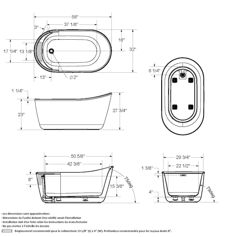 Davis 58 in. L x 32 in. W x 28 in. H 2-Piece Oval AcrylX Applied Acrylic Freestanding Bathtub, End Drain, in White with 14-in Soaking Depth
