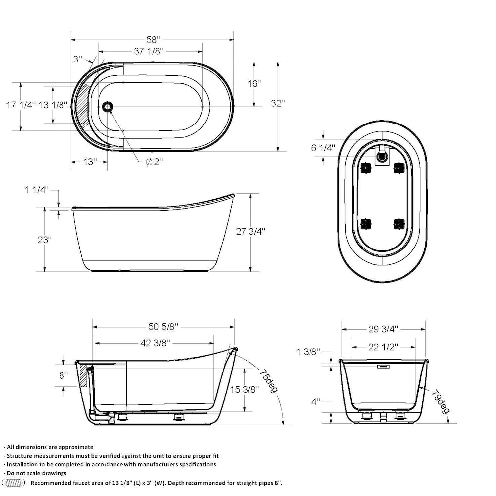Davis 58 in. L x 32 in. W x 28 in. H 2-Piece Oval AcrylX Applied Acrylic Freestanding Bathtub, End Drain, in White with 14-in Soaking Depth